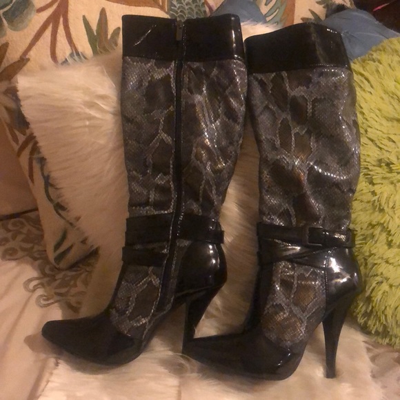 Shoes - Like new, faux snake skin heeled boots, size 8
